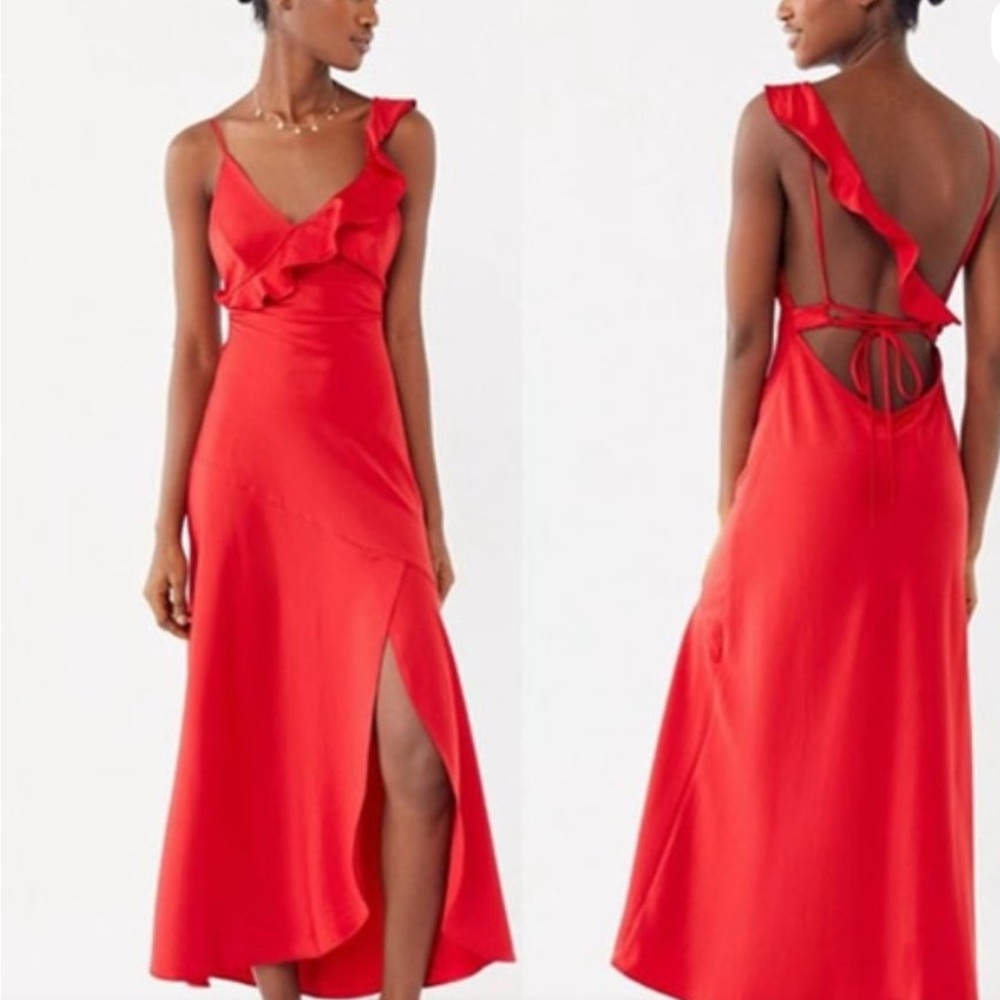 Urban Outfitters Red Satin Maxi Semi Formal Dress- ruffle strap on left, Small